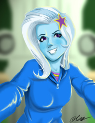 Size: 2550x3300 | Tagged: dead source, safe, artist:oliver-el-mediocre, trixie, equestria girls, g4, blurry background, clothes, female, grin, high res, hoodie, selfie, solo