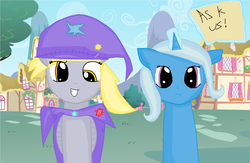 Size: 1280x834 | Tagged: safe, artist:thegreatandpowerfulderpsie, derpy hooves, trixie, pegasus, pony, unicorn, g4, accessory swap, ask, cape, clothes, duo, duo female, female, hat, mare, smiling, trixie's cape, trixie's hat, tumblr