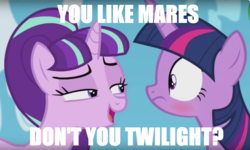 Size: 1322x792 | Tagged: safe, edit, edited screencap, screencap, starlight glimmer, twilight sparkle, alicorn, pony, g4, the cutie re-mark, blushing, female, image macro, implied bisexual, implied lesbian, just one bite, mare, meme, reference, smug, smuglight glimmer, spongebob reference, spongebob squarepants, starlight's secret, teasing, text edit, twilight sparkle (alicorn), you like krabby patties don't you squidward?