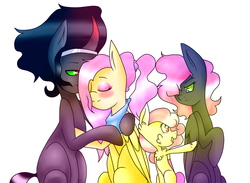 Size: 1024x748 | Tagged: safe, artist:tai-chaan, fluttershy, king sombra, oc, oc:cherry blossom, oc:jewel, g4, family, female, male, offspring, parent:fluttershy, parent:king sombra, parents:sombrashy, portrait, ship:sombrashy, shipping, straight