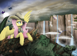 Size: 2138x1553 | Tagged: safe, artist:vinicius040598, fluttershy, breezie, butterfly, g4, clothes, fedora, hat, rainbow, waterfall