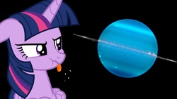 Size: 1024x576 | Tagged: safe, twilight sparkle, alicorn, pony, g4, fanfic art, female, mare, planet, solo, tongue out, twilight sparkle (alicorn), uranus