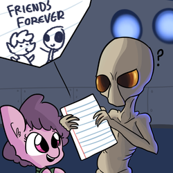 Size: 792x792 | Tagged: safe, artist:tjpones, oc, alien, pony, confused, crossover, cute, drawing, open mouth, paper, question mark, raised eyebrow, sectoid, smiling, stick figure, x-com