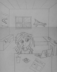 Size: 522x661 | Tagged: safe, artist:sunnyblam, sunset shimmer, equestria girls, g4, burger, computer, drink, female, food, laptop computer, monochrome, solo, sunrise, tired, traditional art