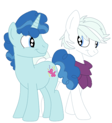Size: 355x388 | Tagged: dead source, safe, artist:squipycheetah, double diamond, party favor, earth pony, pony, unicorn, g4, clothes, duo, gay, looking back, male, scarf, ship:partydiamond, shipping, simple background, smiling, stallion, transparent background, vector