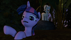 Size: 3840x2160 | Tagged: safe, artist:legoguy9875, trixie, twilight sparkle, pony, unicorn, g4, 3d, female, frown, glare, grin, high res, jungle, mare, open mouth, quicksand, smiling, smirk, stuck, underhoof, unicorn twilight, worried