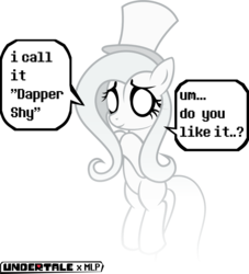 Size: 1900x2096 | Tagged: safe, artist:psaga90, fluttershy, ghost, g4, crossover, cute, dapper, dapper blook, dialogue, female, hat, monochrome, napstablook, shy, shyabetes, solo, speech bubble, top hat, undertale