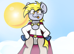 Size: 1000x729 | Tagged: safe, artist:tranzmuteproductions, derpy hooves, pegasus, pony, g4, clothes, female, mare, pantyhose, power girl, solo