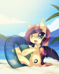Size: 600x752 | Tagged: safe, artist:loyaldis, oc, oc only, oc:lunar lily, bat pony, beach, cute, fangs, inner tube, looking at you, open mouth, sitting, smiling, solo, spread wings, wet