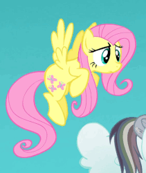 Size: 456x540 | Tagged: safe, screencap, fluttershy, rainbow dash, pegasus, pony, g4, the return of harmony, animated, blinking, butt touch, cloud, discorded, female, flying, hoof on butt, poking, tapping