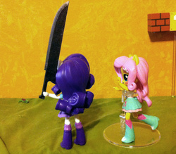 Size: 885x776 | Tagged: safe, artist:zharkaer, fluttershy, rarity, equestria girls, g4, clothes, doll, equestria girls minis, eqventures of the minis, female, figure, grasshopper, great knife, irl, overkill, photo, silent hill, skirt, sword, tank top, toy, weapon