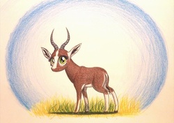 Size: 1065x750 | Tagged: safe, artist:thefriendlyelephant, oc, oc only, oc:kweli masozi, antelope, bontebok, animal in mlp form, big ears, big eyes, cloven hooves, cute, grass, horns, solo, traditional art