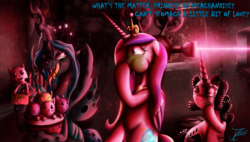 Size: 1250x712 | Tagged: safe, artist:jamescorck, princess cadance, queen chrysalis, oc, oc:movie slate, alicorn, changeling, changeling queen, pony, g4, cute citizens of wuvy-dovey land, fatal attraction, female, green face, mare, nauseous, sick