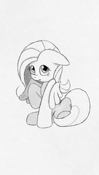 Size: 1080x1920 | Tagged: safe, artist:rad-man, fluttershy, g4, female, grayscale, looking at you, looking up, monochrome, raised hoof, redraw, simple background, sitting, sketch, solo, white background