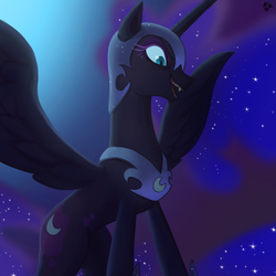 Size: 693x694 | Tagged: safe, artist:ehfa, nightmare moon, pony, g4, fangs, female, gradient background, helmet, open mouth, solo
