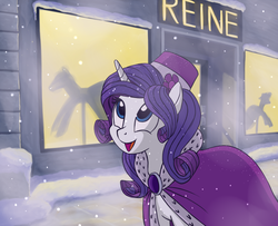 Size: 1600x1300 | Tagged: safe, artist:vistamage, rarity, pony, unicorn, g4, alternate hairstyle, cape, clothes, female, hat, mannequin, mare, snow, snowfall, solo, winter