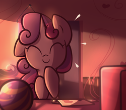 Size: 1150x1000 | Tagged: safe, artist:spikedmauler, sweetie belle, pony, unicorn, g4, computer, cute, diasweetes, female, giggling, go ask sweetie belle, one ear down, room, smiling, solo