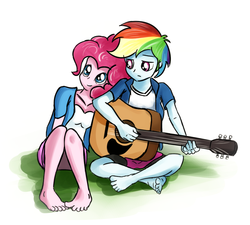 Size: 1000x900 | Tagged: artist needed, safe, pinkie pie, rainbow dash, equestria girls, g4, alternate hairstyle, barefoot, clothes, feet, female, grass, guitar, implied lesbian, lesbian, lidded eyes, missing shoes, ship:pinkiedash, shipping, simple background, sitting, toes