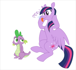 Size: 3746x3483 | Tagged: safe, artist:eagle1division, artist:miss-cats, derpibooru exclusive, spike, twilight sparkle, alicorn, dragon, pony, g4, :p, chest fluff, deadpan, glare, high res, onomatopoeia, raspberry, raspberry noise, silly, silly face, silly pony, simple background, sitting, text, tongue out, transparent background, twilight sparkle (alicorn), vector