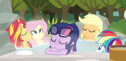 Size: 1125x550 | Tagged: safe, artist:dm29, applejack, fluttershy, rainbow dash, sci-twi, sunset shimmer, twilight sparkle, equestria girls, g4, glasses off, hot springs, nudity, relaxing, skinny dipping