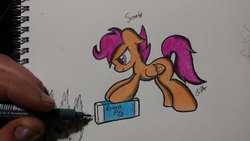 Size: 1024x579 | Tagged: safe, artist:chrispy248, scootaloo, g4, eraser, fourth wall, hand, traditional art