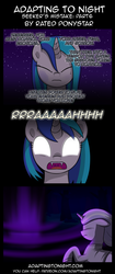 Size: 850x2020 | Tagged: safe, artist:terminuslucis, dj pon-3, vinyl scratch, oc, oc:seeker, pony, unicorn, vampire, vampony, comic:adapting to night, comic:adapting to night: seeker's mistake, g4, alternate hairstyle, bruised, comic, dhampir, fangs, forest, glowing eyes, nightmare fuel, now you fucked up, oc villain, offscreen character, rage, red eyes, screaming, this will end in death, this will end in pain, tree