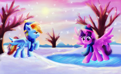 Size: 1519x923 | Tagged: safe, artist:loveless-nights, rainbow dash, twilight sparkle, alicorn, pony, g4, cap, clothes, female, frozen, hat, mare, pond, scarf, snow, snowfall, snowflake, tree, twilight sparkle (alicorn), winter