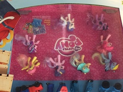 Size: 4032x3024 | Tagged: safe, coco pommel, fluttershy, pinkie pie, rainbow dash, rarity, starlight glimmer, suri polomare, twilight sparkle, g4, female, mcdonald's, mcdonald's happy meal toys, my little pony logo, toy, upside down