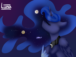 Size: 1600x1200 | Tagged: safe, artist:ohhoneybee, princess luna, g4, eyes closed, female, galaxy, mare in the moon, moon, planet, solo