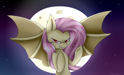 Size: 1600x975 | Tagged: safe, artist:ohhoneybee, fluttershy, bat pony, pony, g4, female, flutterbat, frown, looking at you, moon, solo