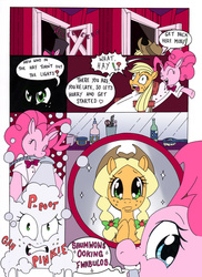 Size: 2540x3480 | Tagged: safe, artist:mohawkrex, artist:whysoseriouss, applejack, pinkie pie, earth pony, pony, comic:a piece of pie, g4, alternate hairstyle, brush, colored, comic, duo, female, makeover, mare, mirror, mouth hold, pigtails, plaid, soap bubble, suds, the amazing pinkie pie