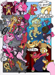 Size: 2544x3484 | Tagged: safe, artist:mohawkrex, artist:whysoseriouss, applejack, big macintosh, pinkie pie, earth pony, pony, comic:a piece of pie, g4, alternate hairstyle, bicycle, clothes, colored, comic, diving helmet, duck amuck, female, fourth wall, goggles, hat, jetpack, male, mare, stallion, the amazing pinkie pie, top hat, tuxedo