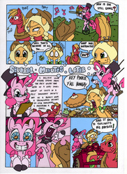 Size: 2544x3504 | Tagged: safe, artist:mohawkrex, artist:whysoseriouss, applejack, big macintosh, pinkie pie, earth pony, pony, comic:a piece of pie, g4, alternate hairstyle, clothes, colored, comic, female, food, glasses, hat, male, mare, musical instrument, pie, pigtails, pony pulls the wagon, stallion, the amazing pinkie pie, top hat, trombone, tuxedo, unicycle, wagon