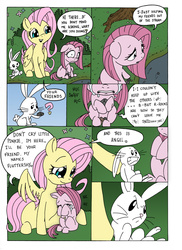 Size: 2544x3504 | Tagged: safe, artist:mohawkrex, artist:whysoseriouss, angel bunny, fluttershy, pinkie pie, earth pony, pegasus, pony, comic:a piece of pie, g4, comforting, comic, crying, female, filly, foal, mare, pinkamena diane pie, rock, sad, sitting