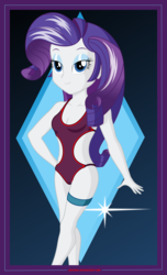 Size: 2489x4100 | Tagged: safe, artist:rexpony, rarity, equestria girls, g4, beautiful, bedroom eyes, blue eyes, blue eyeshadow, breasts, cleavage, clothes, cute, eyeshadow, female, legs, makeup, one-piece swimsuit, open-back swimsuit, purple hair, raribetes, solo, swimsuit, woman