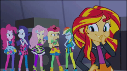 Size: 854x480 | Tagged: safe, screencap, applejack, fluttershy, pinkie pie, rainbow dash, rarity, sunset shimmer, equestria girls, g4, my little pony equestria girls: rainbow rocks, animated, cute, diapinkes, female, humane five, laughing, laughingmares.jpg, shimmerbetes, the rainbooms