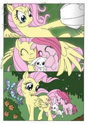 Size: 2544x3504 | Tagged: safe, artist:mohawkrex, artist:whysoseriouss, angel bunny, fluttershy, pinkie pie, butterfly, earth pony, pegasus, pony, comic:a piece of pie, g4, colored, comforting, comic, cute, female, filly, foal, happy, hug, mare, pinkamena diane pie, the stare
