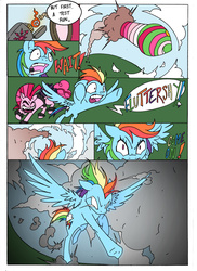 Size: 2544x3504 | Tagged: safe, artist:mohawkrex, artist:whysoseriouss, pinkie pie, rainbow dash, earth pony, pegasus, pony, comic:a piece of pie, g4, colored, comic, duo, female, flying, lighter, mare, powering up, punkie pie, rocket
