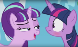 Size: 1322x792 | Tagged: safe, edit, screencap, starlight glimmer, twilight sparkle, alicorn, pony, g4, the cutie re-mark, blushing, exploitable, female, mare, starlight's secret, twilight sparkle (alicorn)