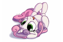 Size: 1800x1200 | Tagged: safe, artist:bobdude0, sweetie belle, pony, unicorn, g4, belly, cute, diasweetes, female, filly, horses doing horse things, imminent belly rub, legs in air, looking up, on back, open mouth, rolling, simple background, smiling, solo, upside down, weapons-grade cute, white background