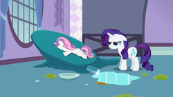 Size: 1280x720 | Tagged: safe, screencap, rarity, sweetie belle, pony, unicorn, g4, sisterhooves social, butt, duo, female, filly, foal, horn, mare, plot, rarity is not amused, sweetiedumb, unamused