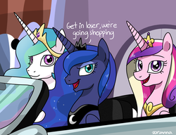 Size: 1300x1000 | Tagged: safe, artist:zoruanna, princess cadance, princess celestia, princess luna, g4, car, get in loser, mean girls, parody