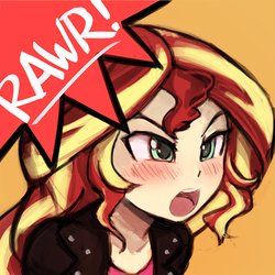 Size: 500x500 | Tagged: safe, artist:lumineko, sunset shimmer, human, equestria girls, g4, avatar, blushing, clothes, cute, female, glare, jacket, open mouth, rawr, rawrvatar, shimmerbetes, simple background, solo, speech bubble, yellow background