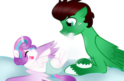 Size: 833x546 | Tagged: safe, artist:xxgalaxy-starxx, princess flurry heart, oc, oc:northern haste, g4, my little pony: friendship is magic, season 6, baby, baby powder, commission, diaper, diaper change, foal powder