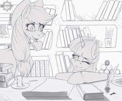 Size: 1700x1400 | Tagged: safe, artist:twotail813, applejack, twilight sparkle, alicorn, pony, rcf community, g4, apple, book, ear fluff, female, food, grayscale, library, mare, monochrome, mouth hold, parchment, quill, scroll, twilight sparkle (alicorn)