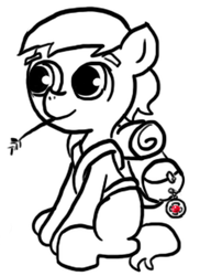 Size: 218x300 | Tagged: safe, artist:ficficponyfic, oc, oc only, oc:larimar, earth pony, pony, colt quest, backpack, child, colt, confident, farmer, hay, male, smiling, solo, young
