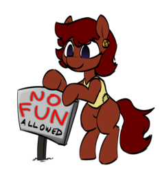 Size: 864x916 | Tagged: safe, artist:hijacker, artist:thebirdiebin, oc, oc only, oc:ruby rouge, earth pony, pony, colt quest, bipedal, child, colored, cute, earring, female, filly, foal, meme, no fun allowed, piercing, rags, reaction image, rearing, sign, simple background, smiling, solo, standing, transparent background