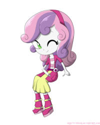 Size: 1600x2000 | Tagged: safe, artist:graytyphoon, sweetie belle, equestria girls, g4, belt, boots, clothes, cute, diasweetes, female, one eye closed, shoes, skirt, solo, wink