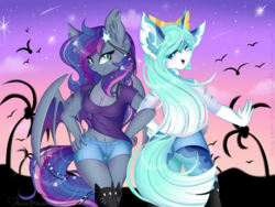 Size: 1600x1200 | Tagged: safe, artist:pvrii, oc, oc only, oc:crystal, oc:nashira, bat pony, anthro, belly button, bra strap, cleavage, clothes, female, hand on hip, midriff, shorts