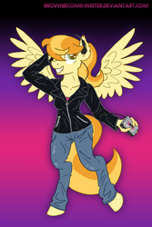Size: 2000x3000 | Tagged: safe, artist:greenlinzerd, oc, oc only, oc:sunny smile, pegasus, anthro, unguligrade anthro, abstract background, anthro oc, clothes, headphones, high res, jacket, pun, request, solo, walkman